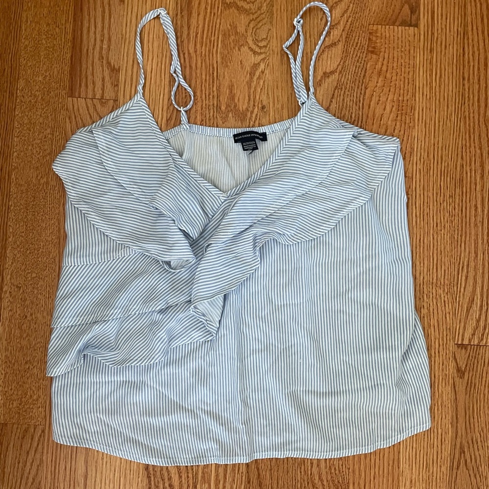 Blue and white stripe ruffled blouse size XS